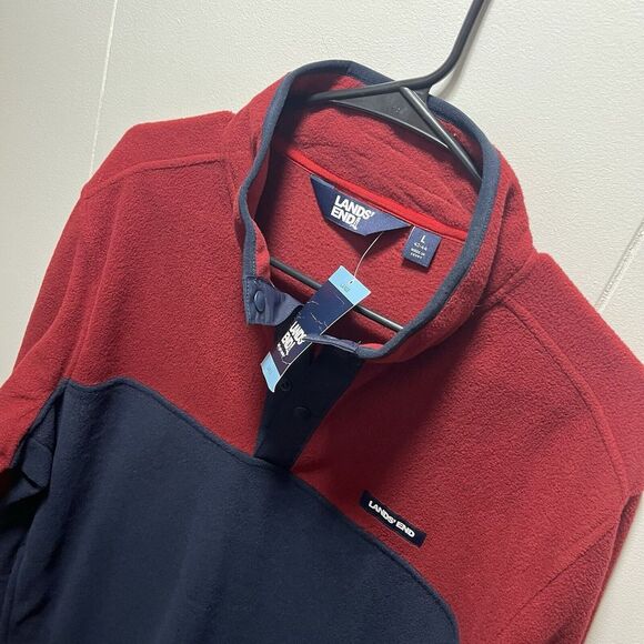 Lands End Mens Size Large Fleece Snap Neck Pullover Sweatshirt Red Blue NEW - Picture 4 of 5